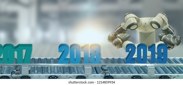 2019 year artificial intelligence or ai futuristic concept,  assistant robot try to put number of new year coming 2019 on operation line, industry 4.0 trend of automation robot in 2019 future