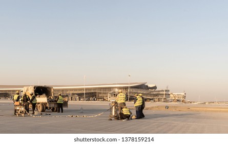 2019.04.22 Beijing, China  Beijing Daxing International Airport Construction Site. Worker Repairing The Runway