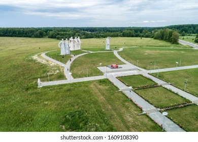 2019/06/23, Volokolamsk, Russia. Monument To The Heroes Of Panfilov. Huge Monuments In The Field At The Battlefield. Aerial