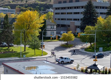 2019-09-26 Kamloops, British Columbia. Columbia Street intersection with 5th Ave, pedestrians crossing and cars.