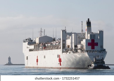 2020 CALIFORNIA USA: May 15. U.S. Navy Hospital Ship USNS Mercy Departing The Port Of Los Angeles For San Diego. During Its Stay It Provided 1000 Hospital Beds For Non Coronavirus COVID-19 Patients. 