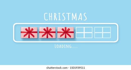 2020, Christmas, New Year, Downloading, Loading bar with pink gift boxes and red ribbons on blue isolated background
