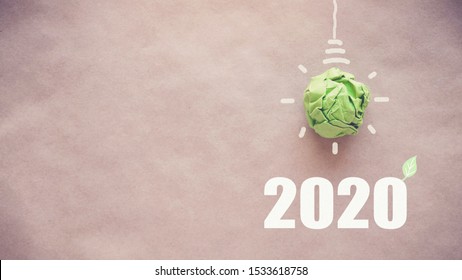 2020 Green Paper Light Bulb, New Year Eco Resolution, Social Responsibility, Csr, Innovation Solution Concept, Climate Change Global Action