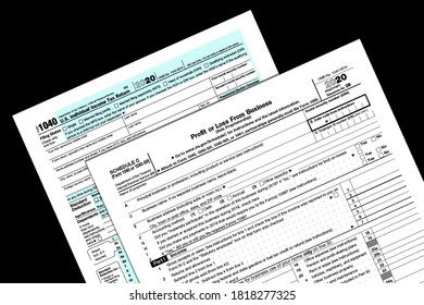 2020 IRS Tax Forms On A Desktop.