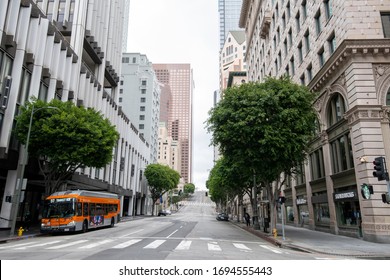 2020: Los Angeles California April 4, 2020: City of Los Angeles streets are vacant of cars and people due to stay at home requests by state and city governments due to Coronavirus COVID-19 epidemic 