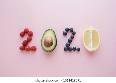 2020 Made From Healthy Food On Pink Pastel Background, Healthy Happy New Year Resolution Diet And Lifestyle