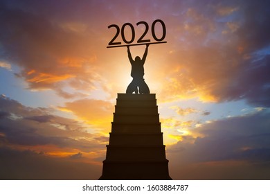 2020 Newyear Silhouette Man Lifting 2020 Concept Happy New Year - Image