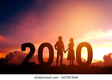 2020 Newyear Silhouette Young Couple Happy For  Romantic New Year Concept.