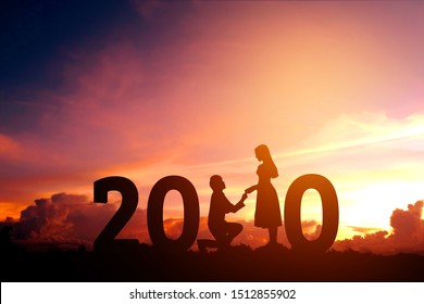 2020 Newyear Silhouette Young Couple Happy For  Romantic New Year Concept.