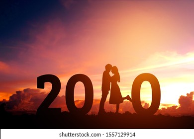 2020 Newyear Silhouette Young Couple Happy For  Romantic New Year Concept.