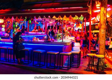 2020 Phuket, Thailand - Dark Sexy Light Atmosphere In Bar. High Quality Photo