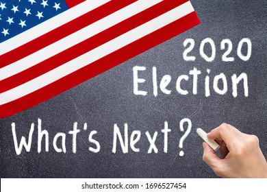 2020 United States Of America Presidential Election Background. What's Next Written With Chalk On Blackboard And The American Flag. Voting, Election Concept