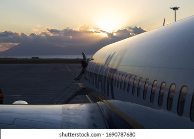 2020.02.20 Palermo Punta Raisi, Side Of Ryanair Plane At Sunset Waiting To Take Off