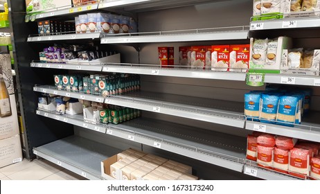 2020/03/12, Prague, Czech Republic: Half Empty Shelves Of Rice In Czech Supermarket In Prague Due To Coronavirus Pandemic