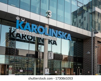 2020-04-16, Solna, Sweden: The Exterior Of The Building And The Entrance Sign At Karolinska University Hospital