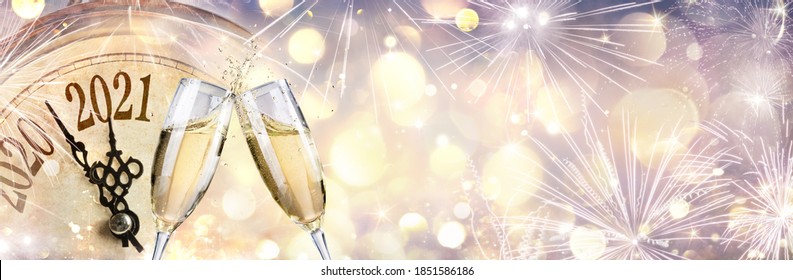 2021 Abstract Defocused New Year - Countdown And Toast With Champagne And Clock