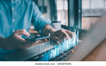 2021 Business Finance Technology And Investment Concept. Stock Market Investments Funds And Digital Assets. Businessman Analysing Forex Trading Graph Financial Data. Business Finance Background.