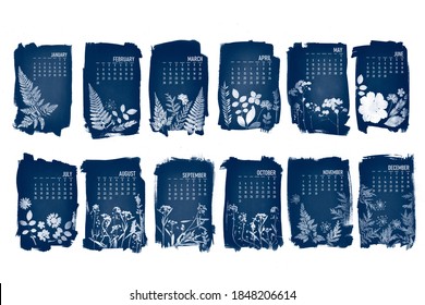 2021 calendar created with cyanotype process with floral leaves. 12 month set.