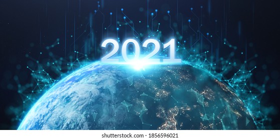 2021 futuristic technology concept, happy new year in earth on planet background with connection of comunitity technology , high growth of tech around world  Elements of this image furnished by NASA