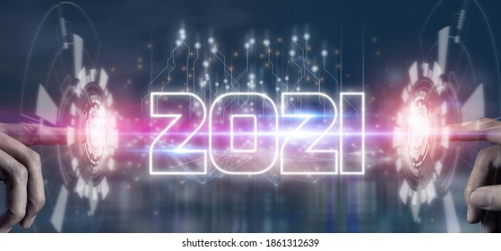 2021 Futuristic Tehcnology Trend Concept, Hand Man Pointing Together In Concept Futuristic In 2021 Coming Year The Year Of Artificial Intelligence ,big Data, Iot, Augmented Reality, Machine Learning