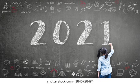 2021 Happy New Year School Class Academic Calendar With Student Kid's Hand Drawing Greeting On Teacher's Black Chalkboard For Educational Celebration, Back To School, STEM Education Classroom Schedule