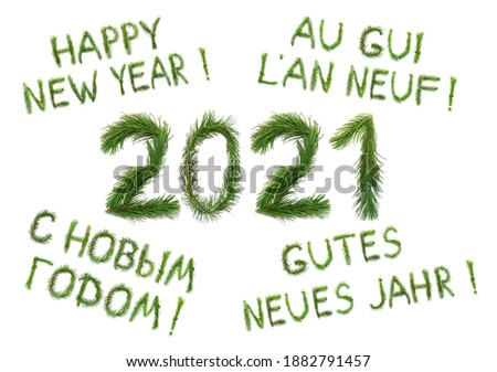 2021 Happy New Year. Two thousand twenty one. Congratulation words in English, Russian, French and German language. All objects are made of a pine tree branches. Isolated on  white background 