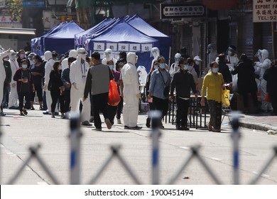 2021 Jan 23,Hong Kong.Neighborhood Residents Wait In Line For A Mandatory Covid-19 Test After Locking Down Of Jordan District.