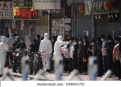 2021 Jan 23,Hong Kong.Neighborhood Residents Wait In Line For A Mandatory Covid-19 Test After Locking Down Of Jordan District.