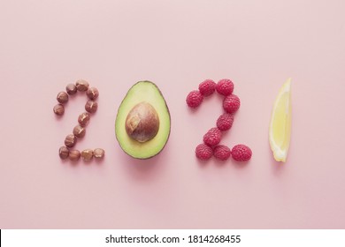 2021 Made From Healthy Food On Pink Background, Happy New Year, Health Diet Resolution, Goals And Lifestyle