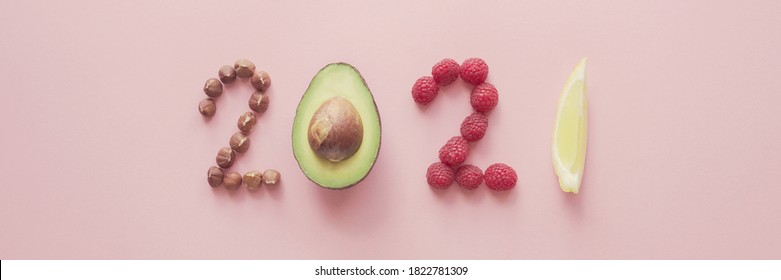 2021 Made From Healthy Food On Pink Background, Happy New Year, Health Diet Resolution, Goals And Lifestyle