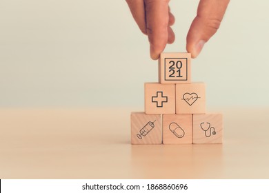 2021 Medical Health Concept, Man Hand Arranging On Wooden Cube Block With Good Healthcare Medical, Insurance For Health In 2021 