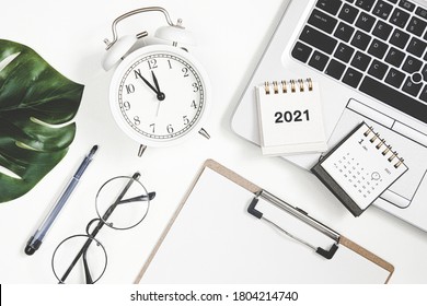 2021 New Year Goal, Plan, Action. Flat Lay Composition Office Desk With Laptop And Calendar. To Do List