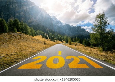 2021 New Year Road Trip Travel And Future Vision Concept . Nature Landscape With Highway Road Leading Forward To Happy New Year Celebration In The Beginning Of 2021 For Fresh And Successful Start .