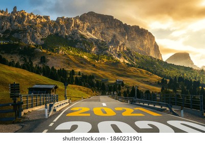 2021 New Year Road Trip Travel And Future Vision Concept . Nature Landscape With Highway Road Leading Forward To Happy New Year Celebration In The Beginning Of 2021 For Fresh And Successful Start .