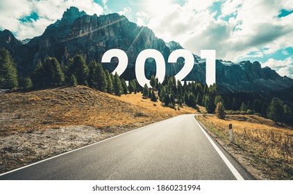 2021 New Year Road Trip Travel And Future Vision Concept . Nature Landscape With Highway Road Leading Forward To Happy New Year Celebration In The Beginning Of 2021 For Fresh And Successful Start .