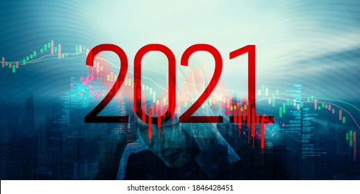 2021 new year and world stock graph has down from virus corona outbreak. COVID-19 shurtdown world business economy concept. Digit number on city background.