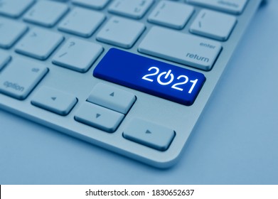 2021 start up business flat icon on modern computer keyboard button, Happy new year 2021 concept