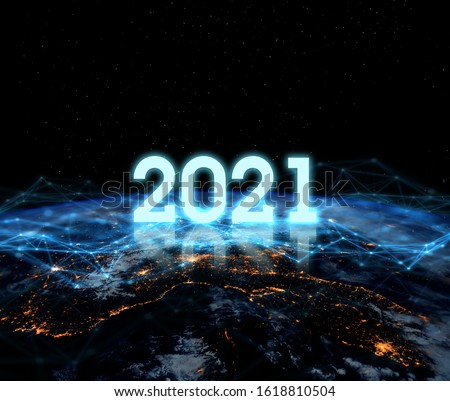 2021 Vision Technology. Global network for the exchange of data on the planet Earth. Blue black ground. Concept for new year 2021.Elements of this image furnished by NASA.