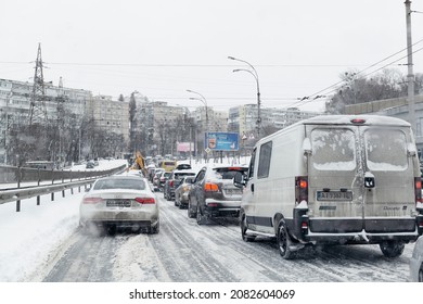 2021-02-09 Kyiv, Ukraine. Traffic Jam During Heavy Snowfall. Bad Weather Forecast For Driving