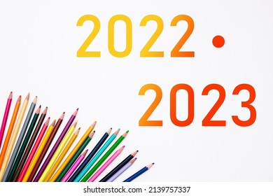 2022 2023 school year with heap colored pencils isolated on white background. Banner. Creative development and education of preschoolers, children and adults. Art stationery shop card. Year color.