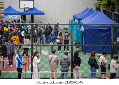 2022 Feb 09,Hong Kong.Residents Line Up To Get Tested For The Coronavirus At A Temporary Testing Center For COVID-19 In Hong Kong.