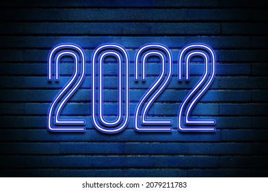 2022 Glowing Blue Neon Text On Brick Wall