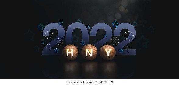 2022 Happy new year banner. H N Y text on wooden spheres with the 2022 year number with blue shiny stars floating around on dark background. Celebration poster, banner, or greeting card.