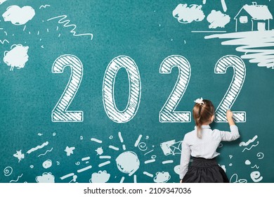 2022 Happy New Year School Class Academic Calendar With Student Kid Drawing