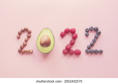 2022 Made From Healthy Food, Fruit And Nut On Pink Background, Happy New Year, Health Diet Resolution, Goals And Lifestyle Wellbeing