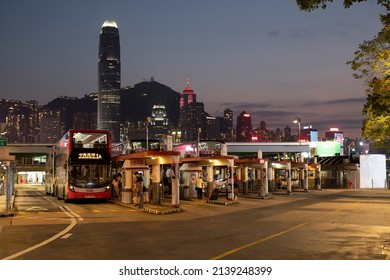 2022 Mar 18,Hong Kong. Tsim Sha Tsui Bus terminalStar Ferry Bus Terminus and skyline of Hong Kong.