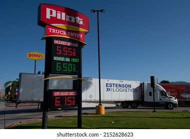 2022 May USA: Big Rig Trucks Fueling At A Truck Stop In California Paying Some Of The Highest Diesel Fuel Prices In The Nation