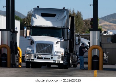 2022 May USA: Big Rig Trucks Fueling At A Truck Stop In California Paying Some Of The Highest Diesel Fuel Prices In The Nation