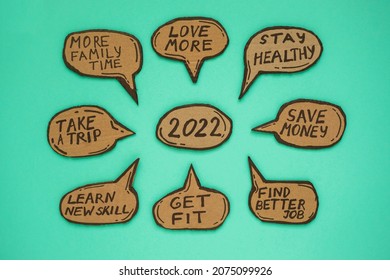 2022 New Year Resolutions Written On The Cartoon Bubbles On Mint Color Background. Plans Are Love , Stay Healthy, Save Money, Find Better Job, Get Fit, Learn New Skill, Take A Trip, More Family Time. 