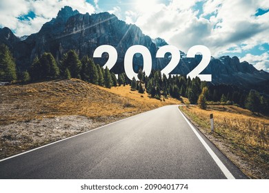 2022 New Year Road Trip Travel And Future Vision Concept . Nature Landscape With Highway Road Leading Forward To Happy New Year Celebration In The Beginning Of 2022 For Fresh And Successful Start .